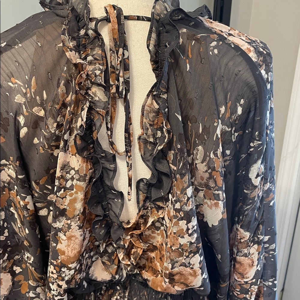 Lovestitch Boho Dark Grey Floral Low Cut Long Sleeve Dress…Size Large - Picture 7 of 10